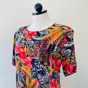 Vintage Bright Abstract Floral Print Blouse Rayon Shirt Top 80s 90s M